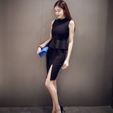 夏装新款韩版OL黑色修身荷叶边包臀开叉两件套装裙时尚性感连衣裙