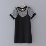 E51-10 国内单 夏季新款百搭黑白条纹圆领假两件短袖女式连衣裙