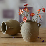 台面花瓶手工粗陶陶罐坛子花器花盆土陶创意型印花花插摆件