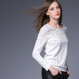 尚古主义2016春装新款镂空蕾丝拼接长袖T恤白色修身显瘦女士上衣