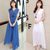 夏季长裙雪纺无袖大码气质修身单件印花套头沙滩A型韩版女连衣裙