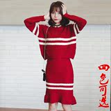 秋冬款韩版学院风条纹圆领套头加厚纯色针织红毛衣裙套装女两件套