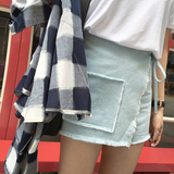 2016夏装新款韩国自制浅色不规则毛边高腰系带牛仔裙裤女宽松短裤