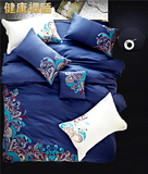 纯棉贡缎四件套 1.8米双人蓝色欧式全棉床上用品套件2.0m被套简约