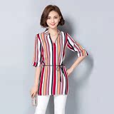 【天天特价】韩版大码女装V领印花五分袖中长款上衣修身显瘦衬衫