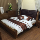 全实木床1.8米榆木双人床现代新中式真皮婚床储物高箱床卧室家具