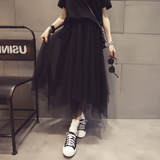 夏季韩国时尚气质高腰蓬蓬裙中长款纱裙网纱透视过膝半身裙长裙子
