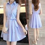 夏季新款韩版修身收腰小清新蓝白条纹连衣裙中长款无袖衬衫裙子女