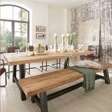 餐桌椅组合美式田园实木铁艺复古长方形简约餐厅家具家用吃饭桌子