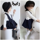 2016秋装新款韩国童装韩版女童长袖假两件连衣裙娃娃领背带连衣裙