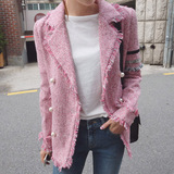 韩国官网正品代购秋款气质芭比粉优雅小香贝珠双排扣毛织西装外套
