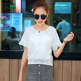 2016夏季新款韩版宽松大码显瘦气质雪纺衫女短袖蕾丝上衣t恤潮