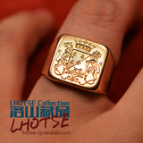 1900年法国古董皇室双爵位皇冠双狮纹章18K黄金打造王者戒指指环