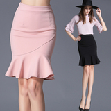 2016夏季新款高腰包臀荷叶边半身裙女一步短裙修身显瘦粉色鱼尾裙