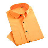 夏季男士短袖衬衫韩版修身衬衣纯色纯棉彩色橘黄色白色职业商务装