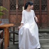 言午葵原创设计棉麻文艺女神白色修身显瘦宽松亚麻加长连衣裙袍子