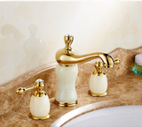 浴室柜全铜仿古欧式三孔面盆龙头玉石金色冷热水龙头三件套