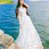 重工刺绣勾花蕾丝短袖连衣裙白色大摆长裙波西米亚仙女海边度假裙