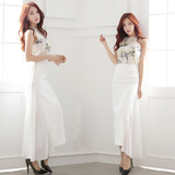 韩版夏季女装长裙套装印花性感露肩雪纺衫修身高腰半身裙两件套潮