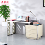 不锈钢白色家用烤漆办公桌玻璃电脑桌简约书桌书柜书架组合写字台