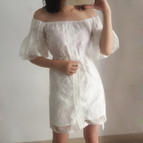 2016夏装纯色气质短袖蕾丝一字肩连衣裙修身度假短款灯笼袖裙子