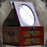 仿复古典化妆箱超大首饰盒实木质制红绿色梳妆漆器韩中式收纳镜锁