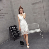 夏季新款2016韩版修身显瘦V领无袖蕾丝勾花连衣裙高腰背心打底裙