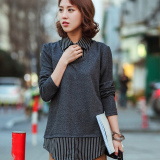 春装新款韩版学院风衬衫领假两件修身毛衣女装打底衫针织衫外套