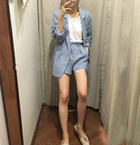 韩国代购2016夏装新款中长款西装外套短裤套装棉麻休闲小西服女潮