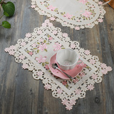 田园风绣花餐垫 满工刺绣手工镂空西餐盘垫子粉色桌台布盖布