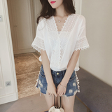 2016夏季韩版新款宽松白色蕾丝雪纺衫女短袖纯色镂空V领雪纺上衣