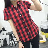 2016格子衬衫女短袖夏季韩版纯棉学生修身甜美学院风百搭衬衣红黑