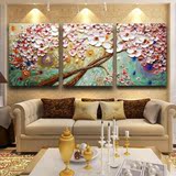 欧式现代装饰画客厅沙发背景墙油画手绘立体无框壁挂三联画发财树