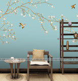现代中式花鸟大型壁画客厅电视沙发卧室床头书房茶楼背景墙壁纸3d