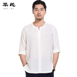 中国风夏季男士亚麻短袖t恤男复古棉麻宽松衬衫男式中袖衬衣无领T
