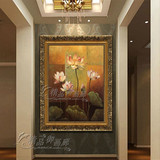 纯手绘油画欧式客厅装饰壁画荷花花卉玄关走道廊餐厅玄关有框画68