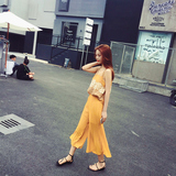 6度2016夏装韩版新款时尚舒适蕾丝吊带上衣+压皱七分喇叭裤套装女