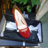 美物 玛丽珍漆皮浅口单鞋女 甜美复古真皮印花珍珠粗跟红色高跟鞋