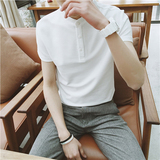 夏季英伦纯色休闲修身短袖立领POLO衫韩版青年商务男士半袖T恤潮