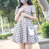 哒哒sama|日本软妹可爱格纹高腰连衣裙日系少女珍珠蕾丝心机甜美