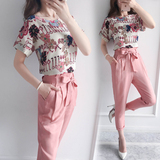名媛2016新款女装夏装两件套粉色短袖上衣九分裤印花休闲时尚套装