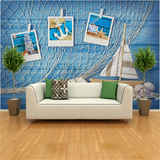 大型壁画地中海风格蓝色卡通帆船文艺怀旧墙纸壁画酒吧背景墙壁纸