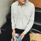 2016秋装个性复古工装多口袋棉麻料男士长袖衬衫韩版宽松青年衬衣