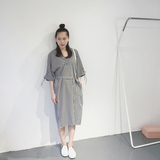 2016夏季女装韩国睡衣慵懒气质V领宽松中长款条纹衬衫连衣裙腰带