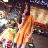 2016夏季新款女韩版橘色连衣裙显瘦荷叶边短袖百褶裙甜美女短裙子
