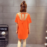 韩国宽松大码女装夏季性感露背上衣中长款条纹纯色休闲短袖t恤裙