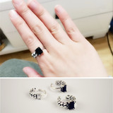 韩国饰品新款S925纯银黑玛瑙指环链条白水晶复古泰银开口戒指女戒