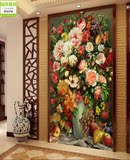 油画花朵花卉装饰玄关壁画走廊过道背景墙纸客厅无缝整张背胶壁纸