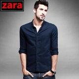 香港代购ZARA男装长袖衬衫春季男士衬衣纯棉新款中国风立领纽扣