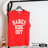 韩版嘻哈个性破洞字母宽松运动T恤无袖背心夏季女装原宿bf风红色